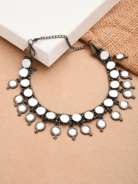 

Fida Women Oxidised Silver-Plated Kundan Mirror-Studded Anklets