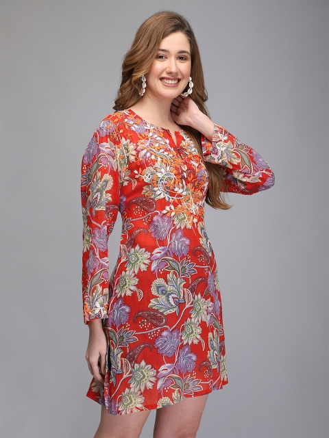

Aditi Wasan Women Red & White Tropical Print And Hand Embroidered Sheer Tunic