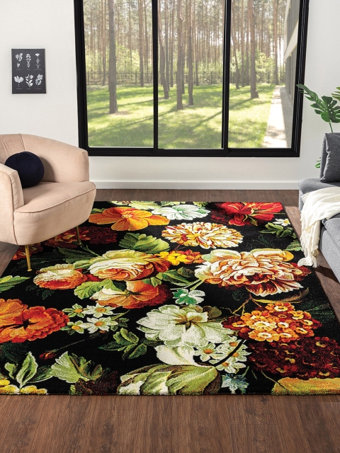 

OBSESSIONS Black & Green Floral Floor Carpet