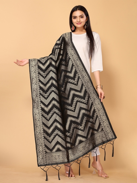 

all about you Black & Gold-Toned Ethnic Motifs Woven Design Dupatta