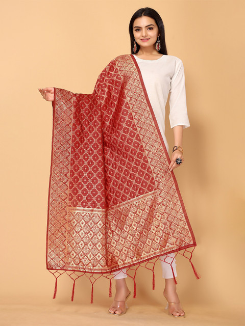 

all about you Red & Gold-Toned Ethnic Motifs Woven Design Dupatta