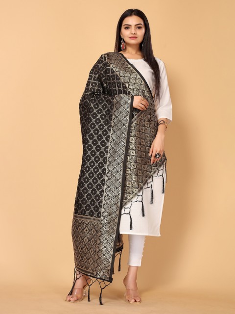 

all about you Black & Gold-Toned Ethnic Motifs Woven Design Dupatta