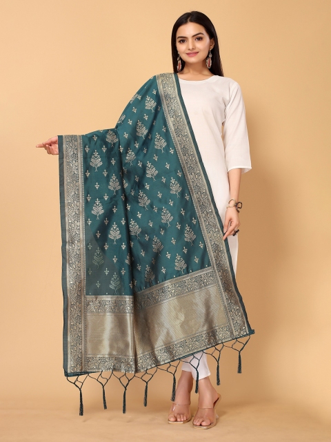 

all about you Teal Green & Gold-Toned Ethnic Motifs Woven Design Silk Blend Dupatta