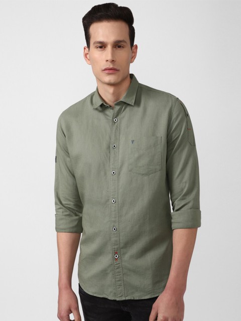 

VAN HEUSEN DENIM LABS Men Olive Green Slim Fit Cotton Linen Casual Shirt