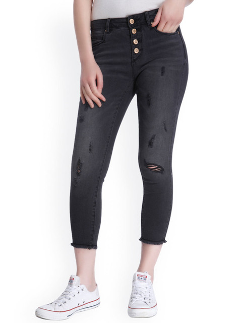 

ONLY Women Black Skinny Fit Mid-Rise Mildly Distressed Cropped Stretchable Jeans