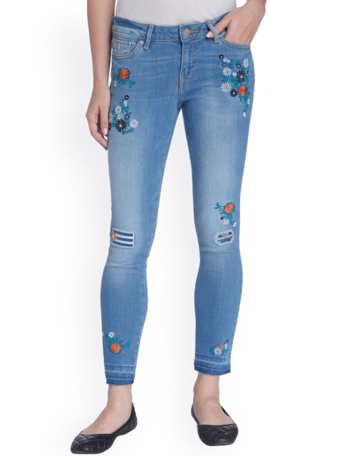 

ONLY Women Blue Skinny Fit Mid-Rise Embroidered Clean Look Jeans