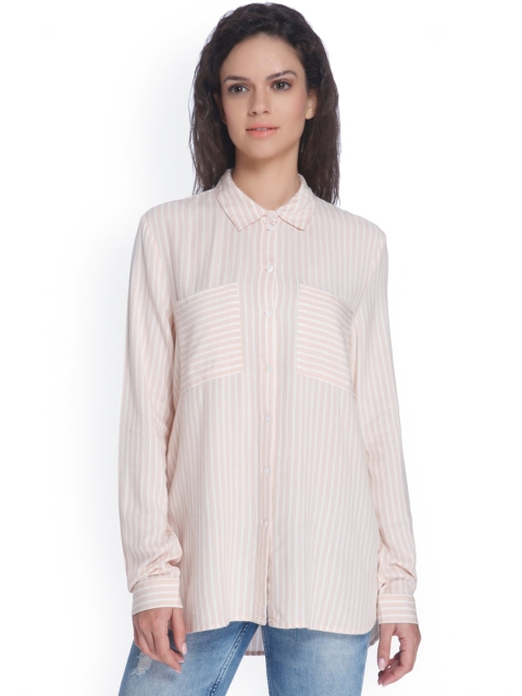 

ONLY Women Peach-Coloured & White Regular Fit Striped Casual Shirt