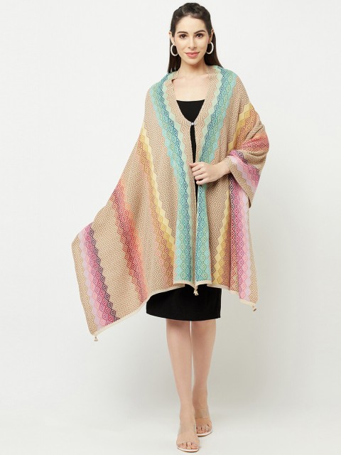 

Knitstudio Women Beige & Green Striped Woven Design Shawl