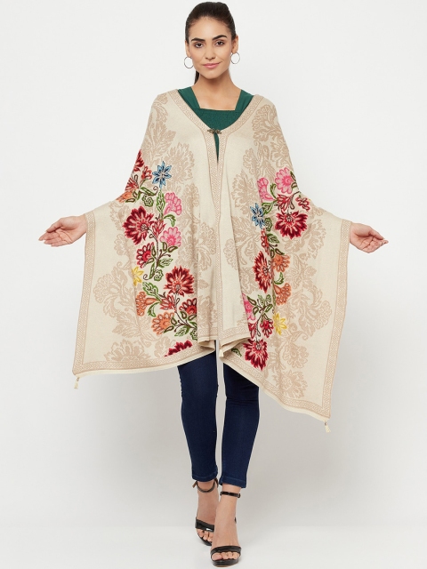 

Knitstudio Women Cream-Coloured & Pink Woven-Design floral Shawl