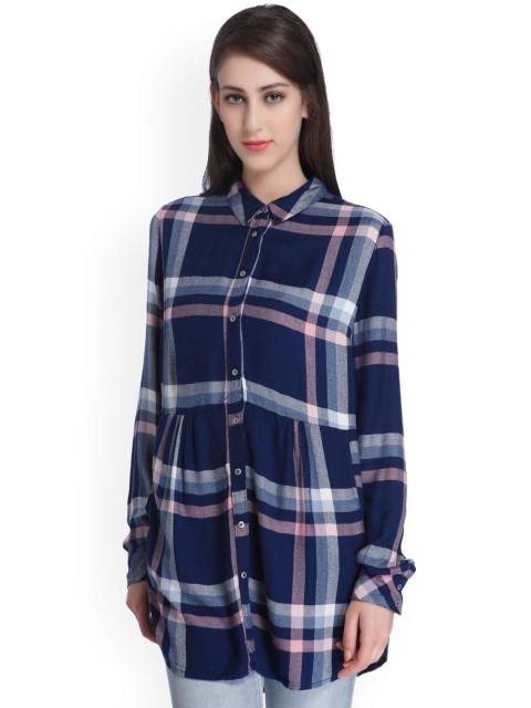 

ONLY Women Navy Regular Fit Checked Longline Shirt, Navy blue