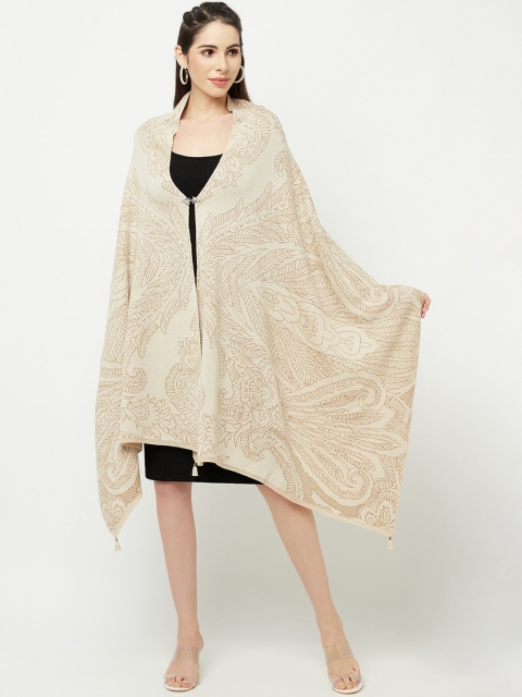 

Knitstudio Women Beige & Brown Woven Design Wool Shawl, Cream