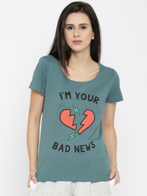 

ONLY Women Teal Printed Round Neck T-Shirt