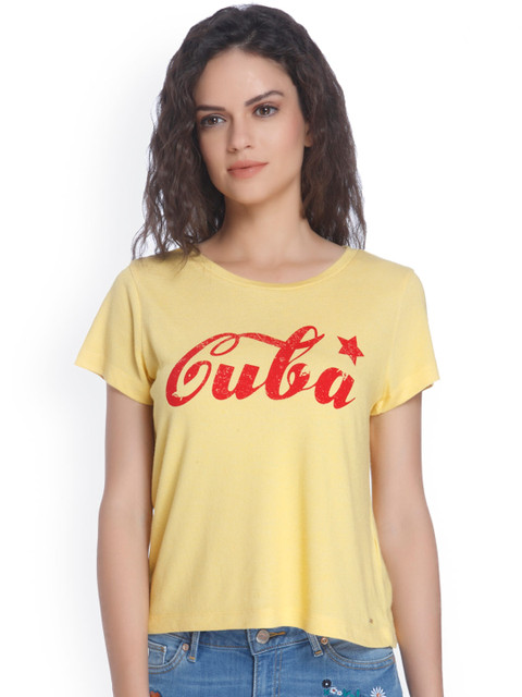 

ONLY Women Yellow Printed Round Neck T-shirt