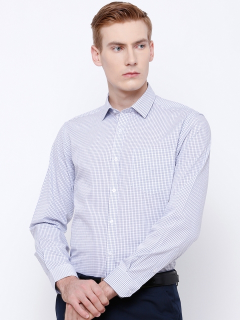 

Black coffee Men White & Blue Slim Fit Checked Formal Shirt