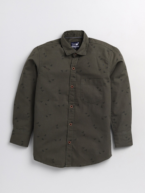 

Toonyport Boys Olive Green Geometric Printed Cotton Casual Shirt