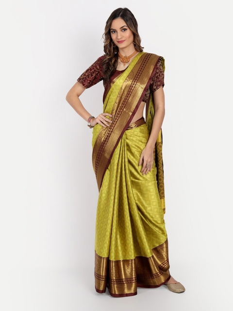 

Mitera Lime Women Green & Maroon Woven Design Zardozi Dharmavaram Saree, Lime green