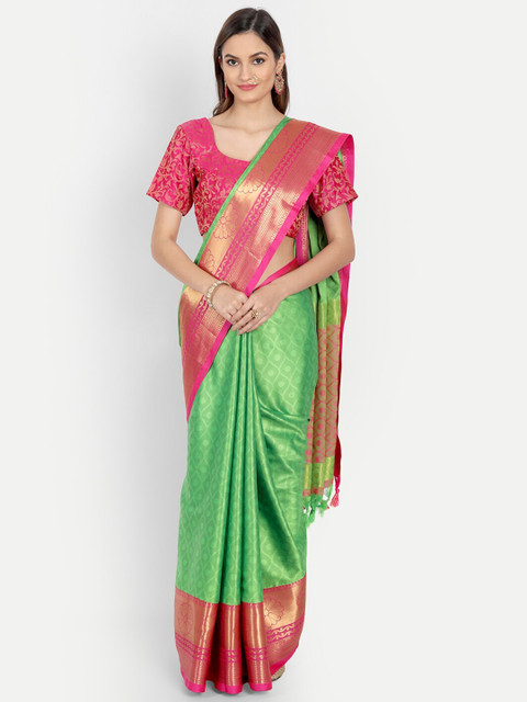 

Mitera Fluorescent Women Green & Pink Woven Design Zardozi Dharmavaram Saree, Fluorescent green