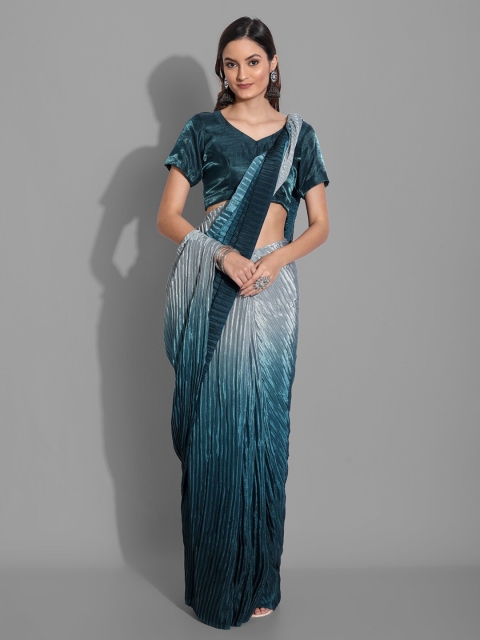 

Mitera Turquoise Blue & Grey Ombre Silk Blend Tussar Saree