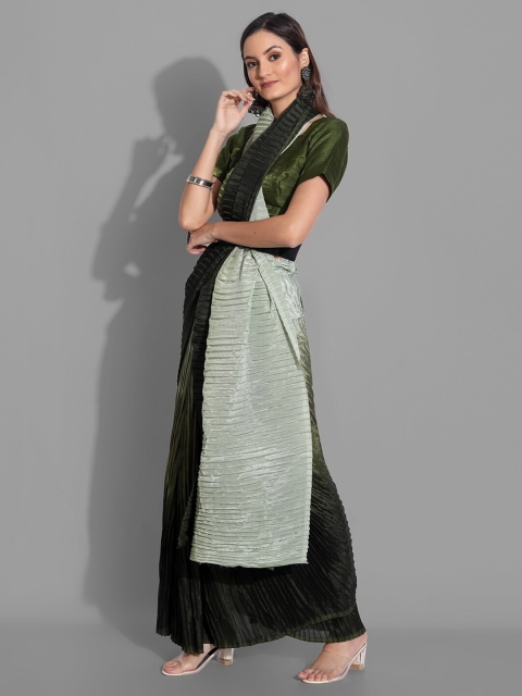 

Mitera Green Striped Silk Blend Tussar Saree