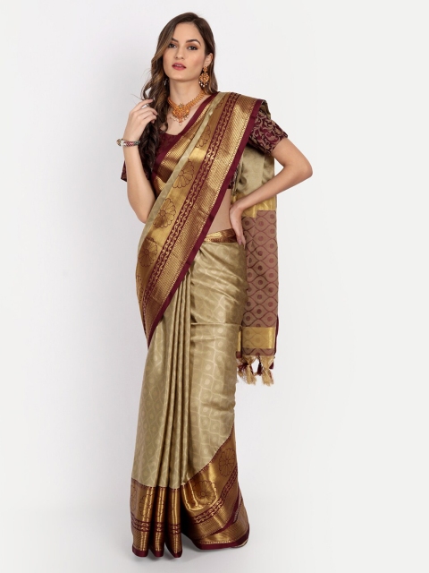 

Mitera Beige & Maroon Woven Design Zari Dharmavaram Saree