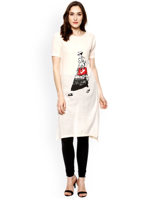 

La Firangi Women Cream-Coloured Quirky Printed Straight Kurta