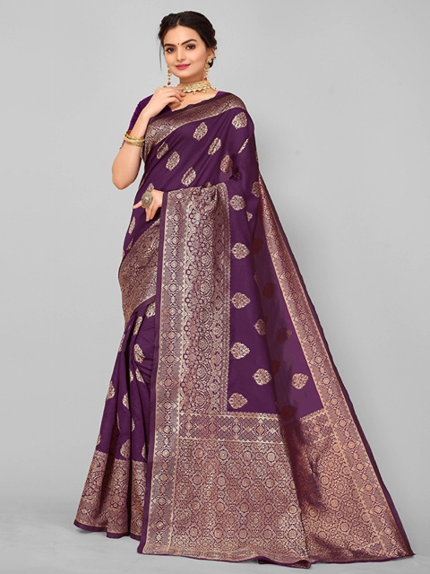 

Nimayaa Purple & Gold-Toned Floral Zari Banarasi Saree
