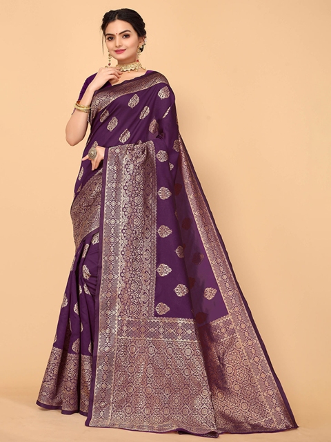 

Mitera Purple & Gold-Toned Floral Banarasi Saree