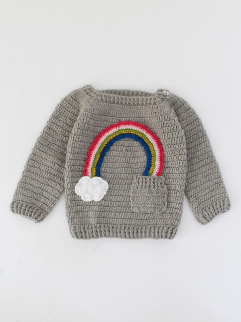 

Woonie Unisex Kids Grey & White Humour and Comic Colourblocked Pullover with Applique Detail