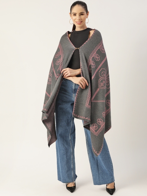 

American Eye Women Charcoal Grey & Pink Printed Longline Cardigan