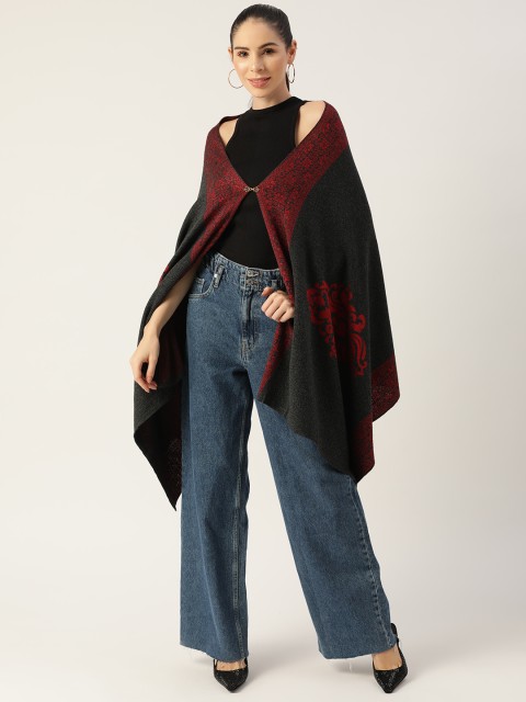 

American Eye Women Charcoal Grey & Red Floral Printed Longline Cardigan