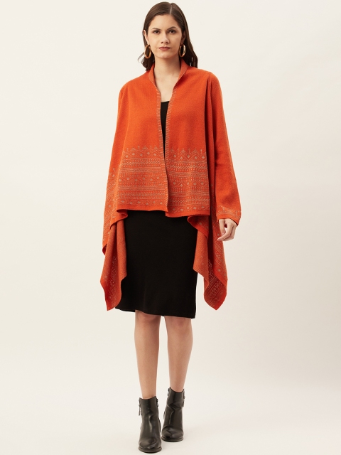 

American Eye Women Rust Orange Self Design Longline Shrug