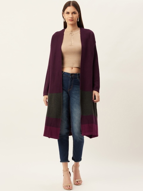 

American Eye Women Maroon & Olive Green Colourblocked Open Front Longline Shrug