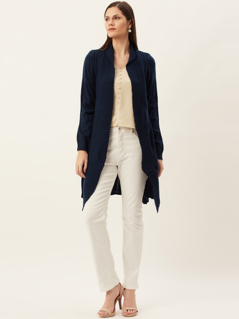 

American Eye Women Navy Blue Self Striped Longline Front-Open Sweater