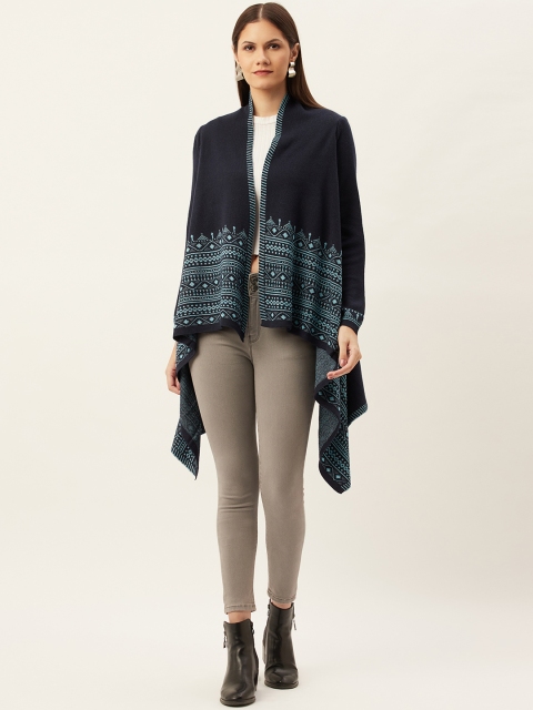 

American Eye Women Navy Blue Ethnic Self Design Longline Front-Open Sweater