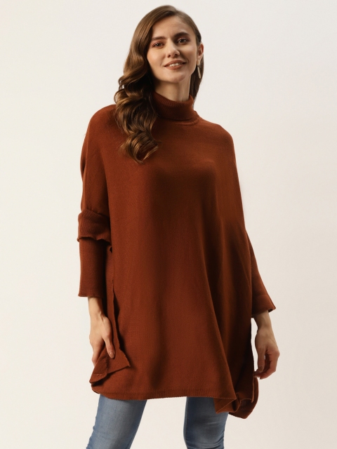 

American Eye Women Coffee Brown Solid Ruffled Longline Pullover