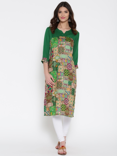 

Jashn Women Green Printed Straight Kurta