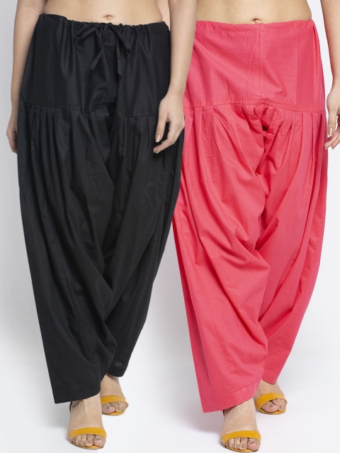 

Jinfo Women Pack of 2 Black & Coral Pink Solid Loose Fit Cotton Salwar