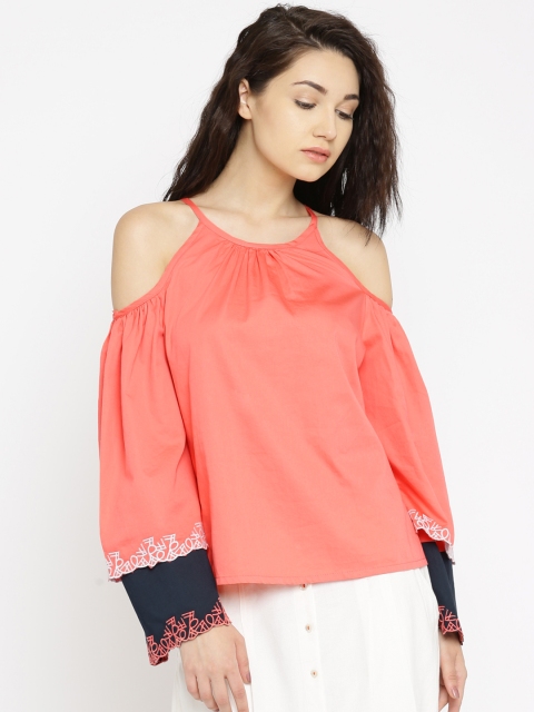 

Vero Moda Women Coral Red Cold-Shoulder Pure Cotton Top