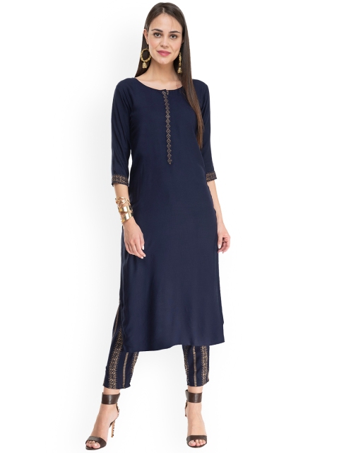 

DesiNoor com Women Navy Blue Straight Kurta with Trousers