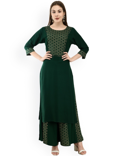 

DesiNoor.com Women Bottle Green Printed Kurta with Palazzos
