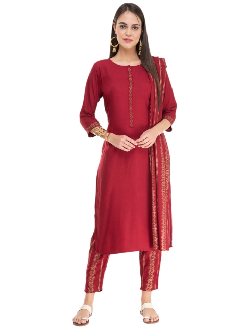 

DesiNoor com Women Maroon Solid Kurta with Trousers & Dupatta