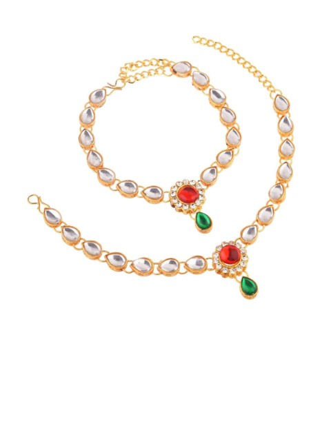 

Efulgenz Set Of 2 Gold-Plated Multi-Colored Kundan Studded Anklet