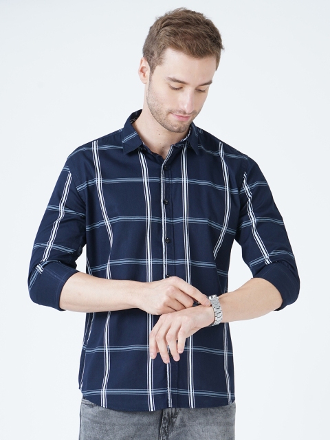 

SORATIA Men Navy Blue Slim Fit Windowpane Checked Casual Shirt