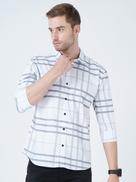 

SORATIA Men White Slim Fit Horizontal Stripes Checked Casual Shirt