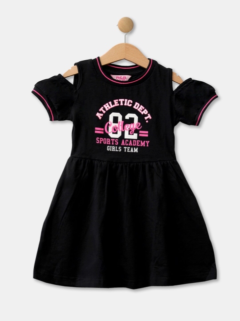 

R&B Girls Black Printed Cotton Cold-Shoulder Sleeves Fit & Flare Dress