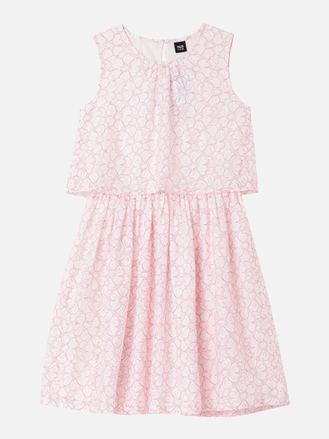 

R&B Girls White & Pink Floral Keyhole Neck Fit and Flare Dress