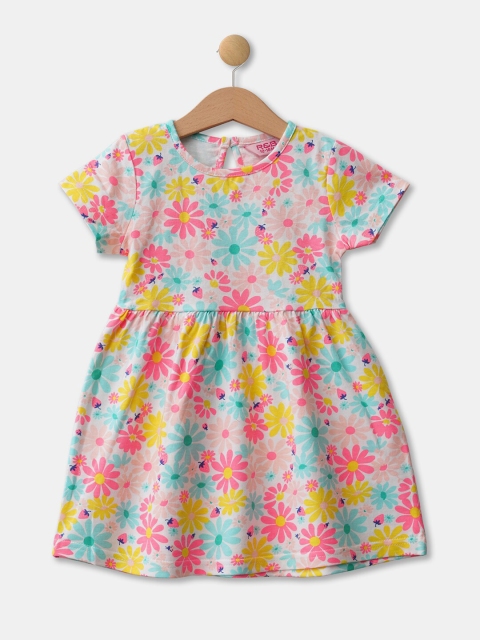 

R&B Girls White & Multicoloured Floral Printed Fit & Flare Dress