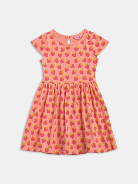 

R&B Girls Peach-Coloured & Pink Printed Casual Fit And Flare Dress