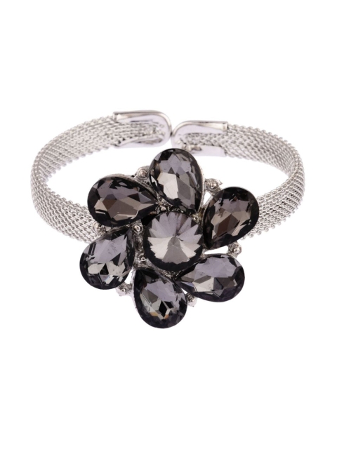

Efulgenz Women Silver-Toned & Black Crystals Oxidised Rhodium-Plated Cuff Bracelet