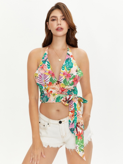 

URBANIC Pink Floral Print Halter Neck Bralette Crop Top